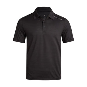 Black polo shirt with brand logo on a white background