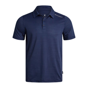 Navy polo shirt with brand logo on a white background