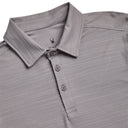 Close-up of a gray polo shirt with a collar and buttons on a white background