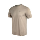 Beige t-shirt with a small logo on a white background
