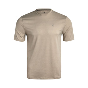 Beige t-shirt with a small logo on a white background