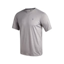 Gray t-shirt with a small logo on a white background