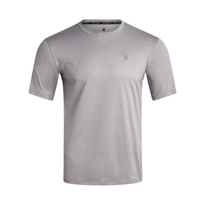 Gray t-shirt with a small logo on a white background