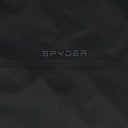 Close-up of a black jacket with 'Spyder' branding on a dark background