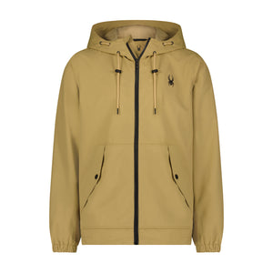 Beige hoodie with a brand logo on a white background