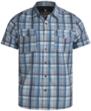 Plaid short-sleeve shirt with button details on a white background