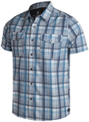 Blue and gray plaid short-sleeve shirt on a white background