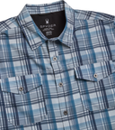 Blue plaid shirt with Spyder logo on a white background
