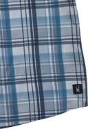 Close-up of a blue plaid fabric with a brand logo on a white background